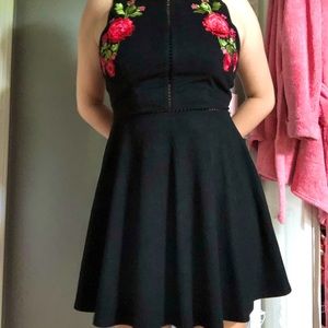 f21 black and red floral suede dress small